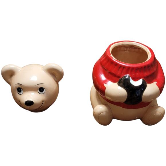 Vintage 13" Ceramic Bear Cookie Jar Red Sweater Taiwan Collectible Kitchenware - Picture 4 of 9